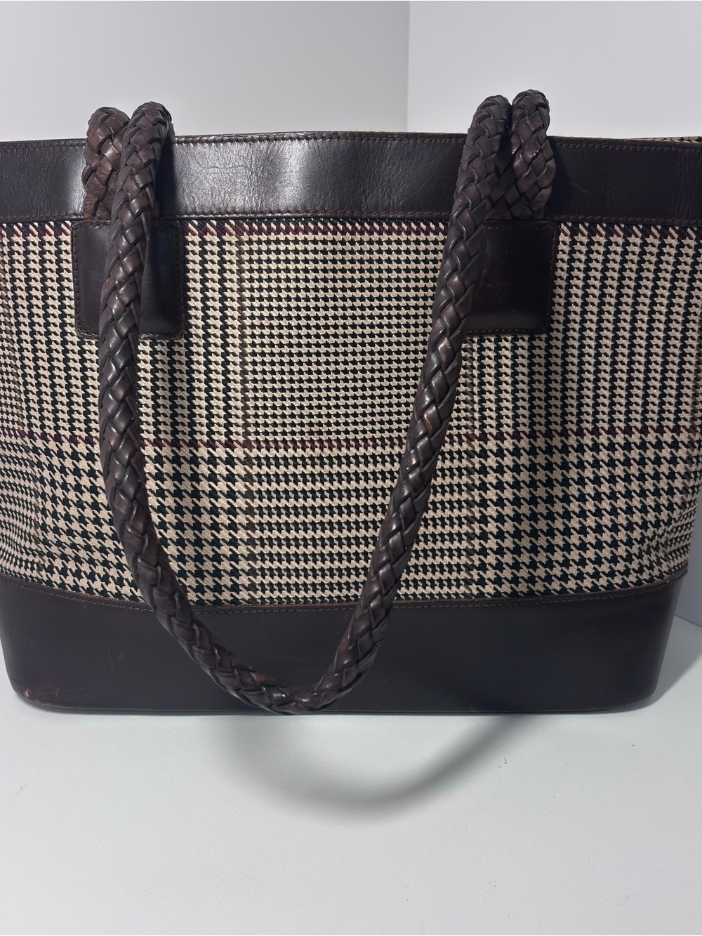 Lauren Ralph Lauren Houndstooth Plaid Tote Brown Leather Braided Handles